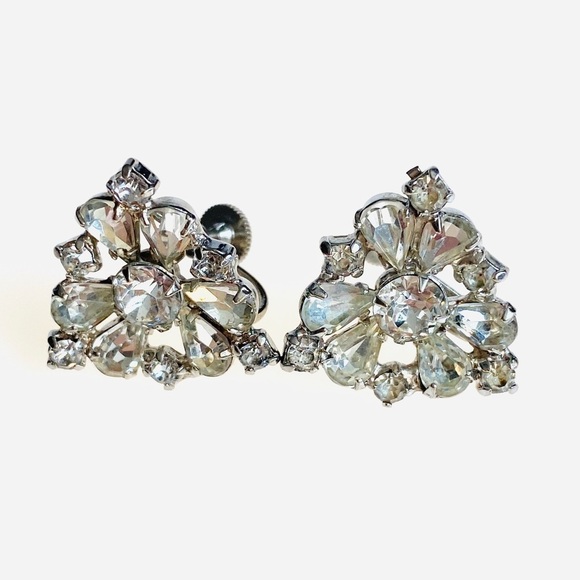 Vintage Rhinestone Crystals Earrings Screw Backs Silver Tone - Picture 1 of 5